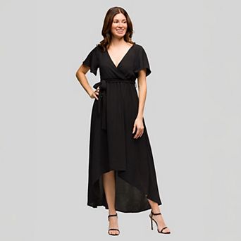 Women's 24Seven Comfort Apparel V-Neck Belted Faux Wrap High-Low Dress