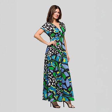 Women's 24Seven Comfort Apparel V-Neck Empire Waist Cap Sleeve Maxi Dress