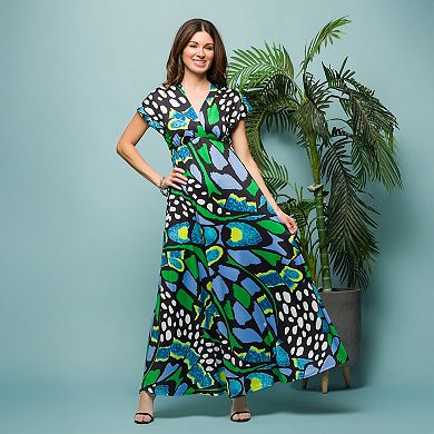 Women's 24Seven Comfort Apparel V-Neck Empire Waist Cap Sleeve Maxi Dress