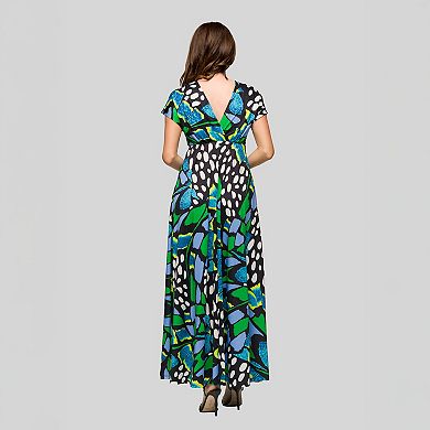 Women's 24Seven Comfort Apparel V-Neck Empire Waist Cap Sleeve Maxi Dress