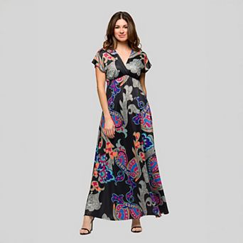 Women's 24Seven Comfort Apparel V-Neck Empire Waist Cap Sleeve Maxi Dress