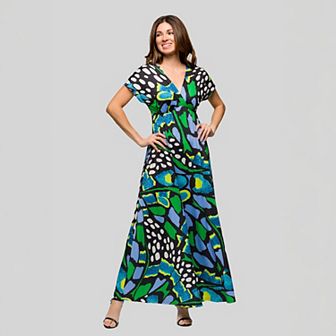 Women's 24Seven Comfort Apparel V-Neck Empire Waist Cap Sleeve Maxi Dress