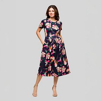 Women's 24Seven Comfort Apparel Short Sleeve Pleated Flare Midi Pocket Dress