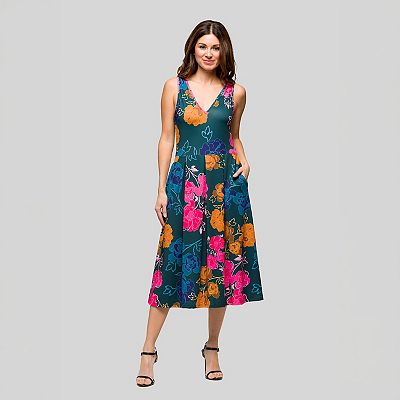 sleeveless pockets pleated midi dress 24seven Comfort Apparel Women's Midi Length Blue Floral Print Sleeveless Pleated Pocket Dress - Green Mult