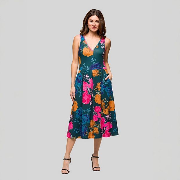 sleeveless pockets pleated midi dress 24seven Comfort Apparel Women's Midi Length Blue Floral Print Sleeveless Pleated Pocket Dress - Green Mult