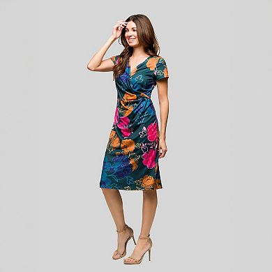 Women's 24Seven Comfort Apparel Floral Knee Length Short Sleeve Faux Wrap Dress