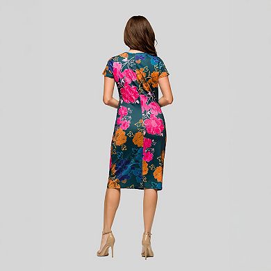 Women's 24Seven Comfort Apparel Floral Knee Length Short Sleeve Faux Wrap Dress