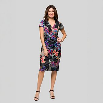 Women's 24Seven Comfort Apparel Floral Knee Length Short Sleeve Faux Wrap Dress