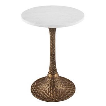 Tyler 20.5 Inch Accent Side Table, Round White Marble Top, Antique Brass Hammered Pedestal Base