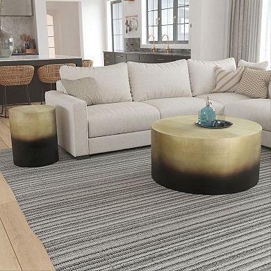 Dyan Coffee Table, 34.5 Inch Round Drum Shape, Black, Gold Antique Brass Ombre