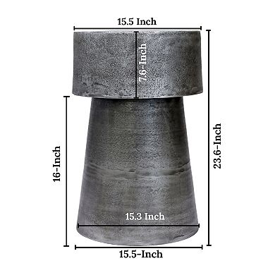 Vintage 23.6 Inch Accent Side Table, Round Top, Antique Silver Cast Aluminum Drum Base