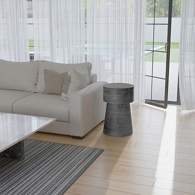 Vintage 23.6 Inch Accent Side Table, Round Top, Antique Silver Cast Aluminum Drum Base