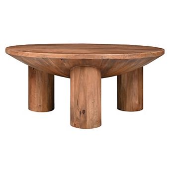 Meridian Coffee Table, 38 Inch Round Top, 3 Column Pillar Legs, Natural Brown Mango Wood