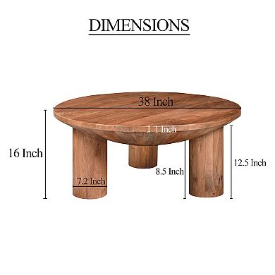 Meridian Coffee Table, 38 Inch Round Top, 3 Column Pillar Legs, Natural Brown Mango Wood