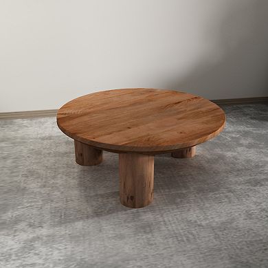 Meridian Coffee Table, 38 Inch Round Top, 3 Column Pillar Legs, Natural Brown Mango Wood
