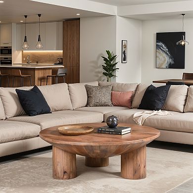 Meridian Coffee Table, 38 Inch Round Top, 3 Column Pillar Legs, Natural Brown Mango Wood