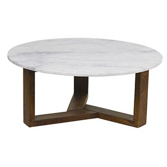 Fina Coffee Table, 38 Inch Round White Genuine Marble Top, Natural Brown Mango Wood 3 Leg Sled Base