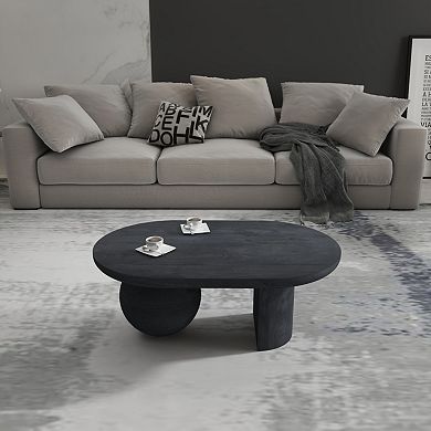 Uri 38 Inch Oval Coffee Table, Mango Wood Full and Half Spherical Leg, Sandblasted Black
