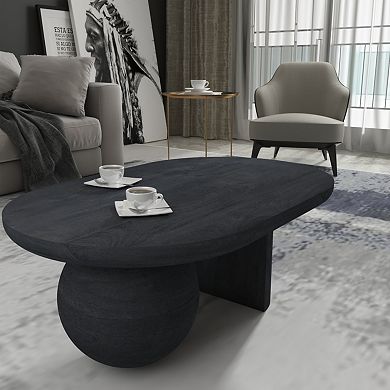 Uri 38 Inch Oval Coffee Table, Mango Wood Full and Half Spherical Leg, Sandblasted Black