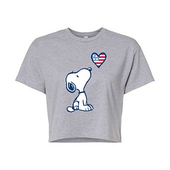 Juniors' Peanuts Snoopy USA Flag Heart Cropped Tee