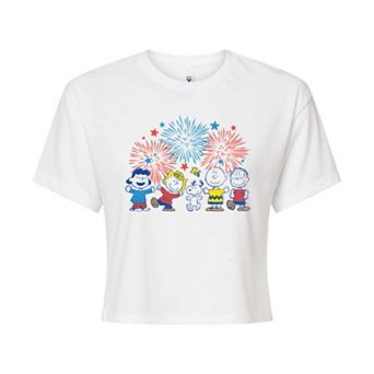 Juniors' Peanuts Fireworks Cropped Tee