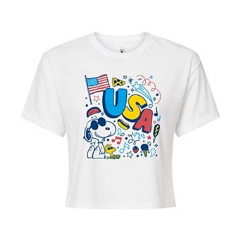Juniors' Peanuts Snoopy & Woodstock USA Doodles Cropped Tee
