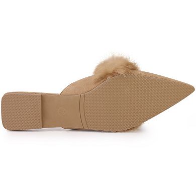 Women's Pointed Toe Faux Fur Slip on Flat Slide Mules
