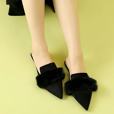 Women's Pointed Toe Faux Fur Slip on Flat Slide Mules