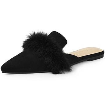 Women's Pointed Toe Faux Fur Slip on Flat Slide Mules