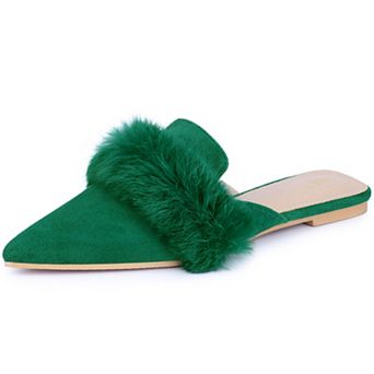 Women's Pointed Toe Faux Fur Slip on Flat Slide Mules