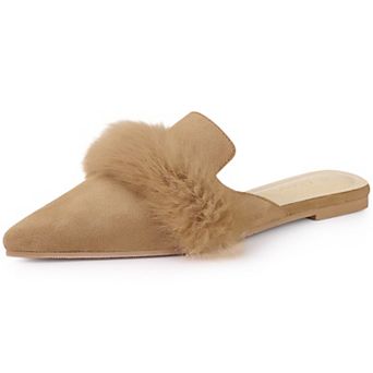Women's Pointed Toe Faux Fur Slip on Flat Slide Mules