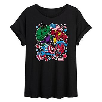 Juniors' Marvel Americana Stickers Oversized Tee