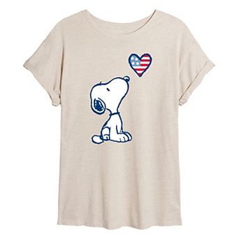 Juniors' Peanuts Snoopy USA Flag Heart Oversized Tee