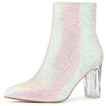 Women's Clear Block Heel Glitter Ankle Boots