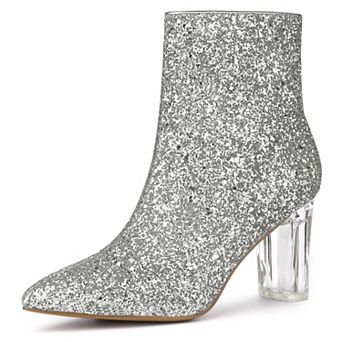 Women's Clear Block Heel Glitter Ankle Boots