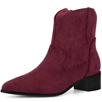 Western Cowgirl Pointed Toe Chunky Heel Comfy Cowboy Ankle Boots for Women