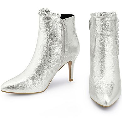 Ruffled Ankle Boot Stiletto Heel Metallic Booties for Women