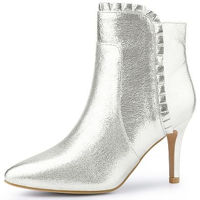 Ruffled Ankle Boot Stiletto Heel Metallic Booties for Women