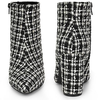 Tweed Ankle Boot Pointy Toe Chunky Heel Plaid Boots for Women