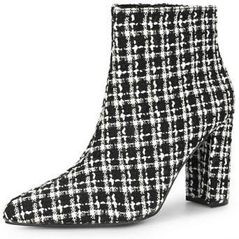 Tweed Ankle Boot Pointy Toe Chunky Heel Plaid Boots for Women