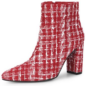 Tweed Ankle Boot Pointy Toe Chunky Heel Plaid Boots for Women