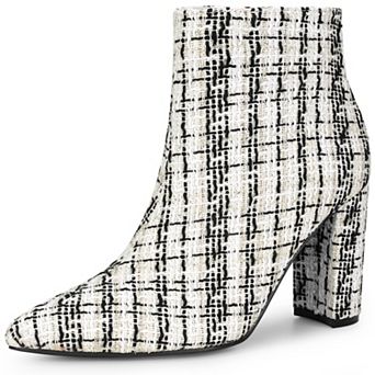 Tweed Ankle Boot Pointy Toe Chunky Heel Plaid Boots for Women