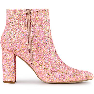 Women's Glitter Pointed Toe Chunky Heel Ankle Boots