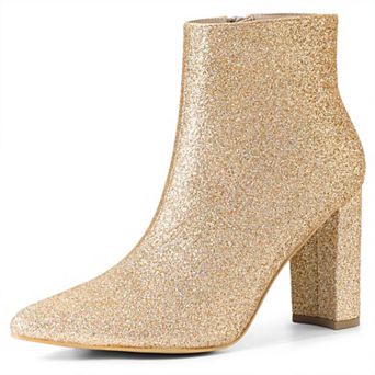 Women's Glitter Pointed Toe Chunky Heel Ankle Boots