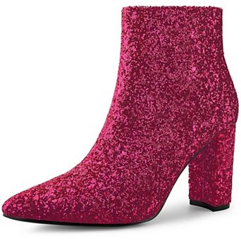 Women's Glitter Pointed Toe Chunky Heel Ankle Boots