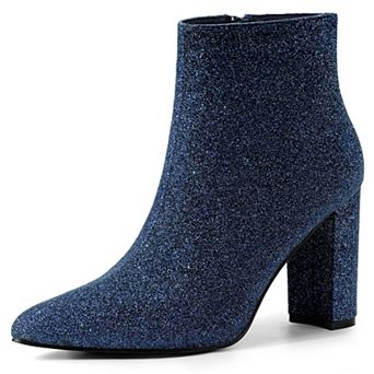 Women's Glitter Pointed Toe Chunky Heel Ankle Boots