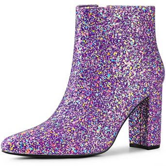Women's Glitter Pointed Toe Chunky Heel Ankle Boots