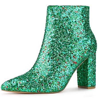Women's Glitter Pointed Toe Chunky Heel Ankle Boots