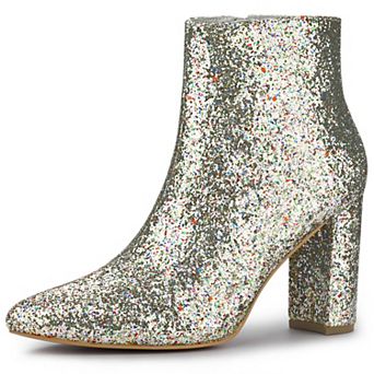Women's Glitter Pointed Toe Chunky Heel Ankle Boots