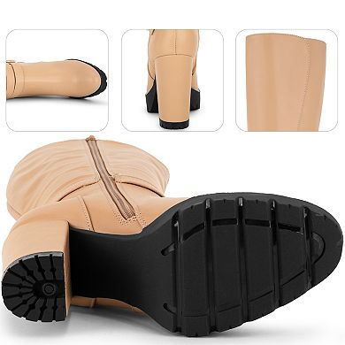 Round Toe Platform Chunky Heels Knee High Boots for Women